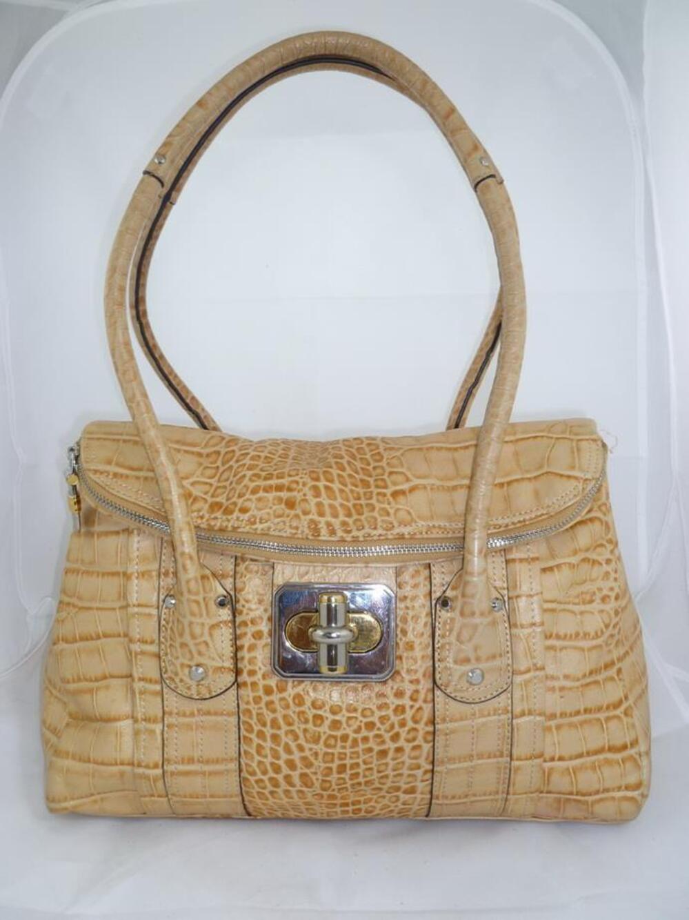 B MAKOWSKY USED CROC EMBOSSED KHAKI LEATHER FOLD OVER TOTE/SHOULDER BAG/SHOPPER